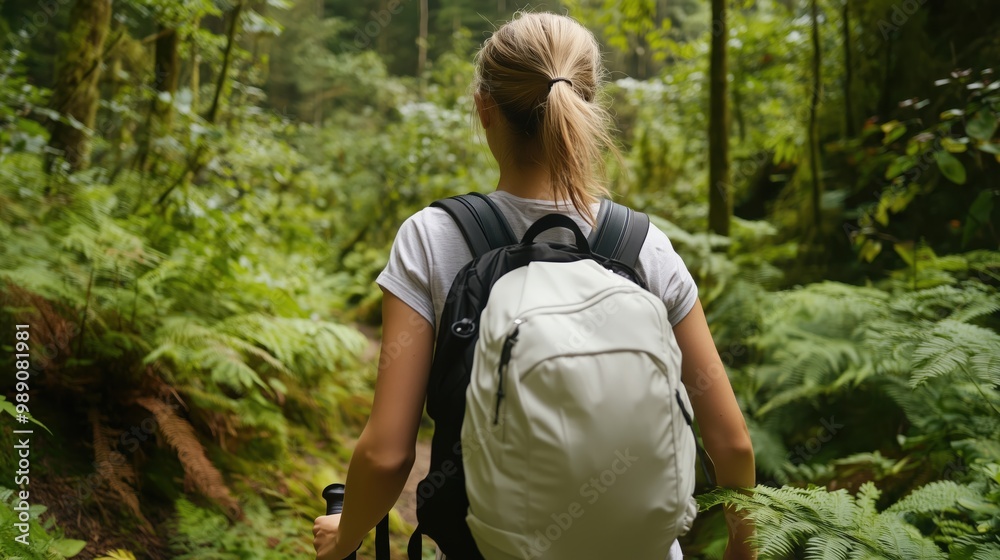 Frau wandert im üppigen grünen Wald: Naturabenteuer und Erkundung im Freien Frau wandert im üppigen grünen Wald: Naturabenteuer und Erkundung im Freien