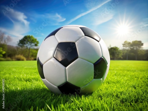 A bright, white, and black paneled soccer ball sits isolated on a lush, green grassy field, ready for action, with subtle shadows and highlights.