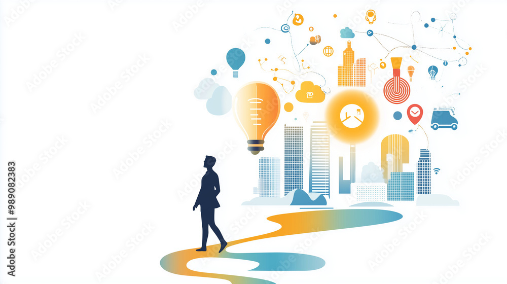 Human silhouette walking on a path of glowing ideas, leading toward a futuristic city, innovation journey, creative business path Human silhouette walking on a path of glowing ideas, leading toward a futuristic city, innovation journey, creative business path