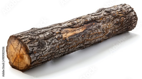 A large, wooden log with a knotty texture and a dark, weathered exterior, isolated on white background