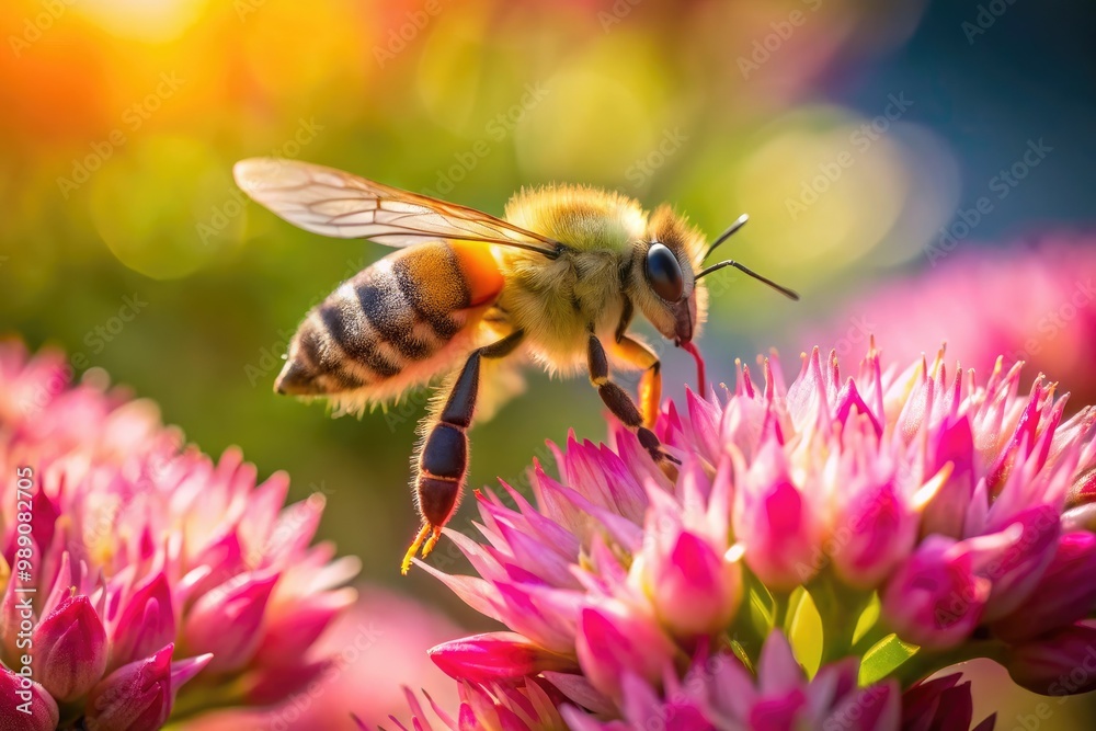 A busy honey bee in mid-flight collects nectar from a vibrant pink flower, its furry body and delicate wings radiating warmth in the sunlight. A busy honey bee in mid-flight collects nectar from a vibrant pink flower, its furry body and delicate wings radiating warmth in the sunlight.