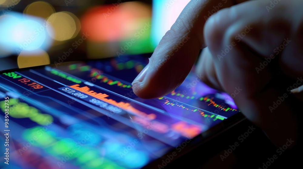 image shows close up of finger interacting with smartphone screen displaying colorful stock market data and graphs, conveying sense of financial analysis and technology image shows close up of finger interacting with smartphone screen displaying colorful stock market data and graphs, conveying sense of financial analysis and technology