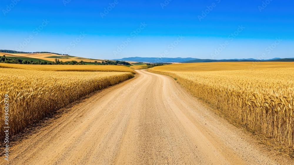 Winding dirt road through golden wheat fields under a clear blue sky Winding dirt road through golden wheat fields under a clear blue sky