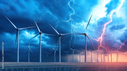 Stormy Wind Turbines Under Dramatic Lightning Skies photo