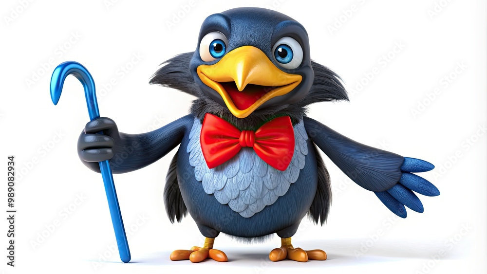 A cheerful, anthropomorphic crow with a bright yellow beak and vivid blue feathers stands confidently, wearing a red bow tie and holding a white cane. A cheerful, anthropomorphic crow with a bright yellow beak and vivid blue feathers stands confidently, wearing a red bow tie and holding a white cane.