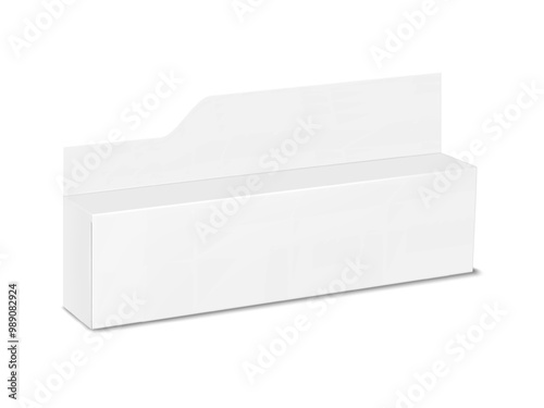 White blank long paperboard box with label header card. Realistic 3d vector mock-up. Isolated cardboard box for squeeze tube packaging. Mockup. Carton package. Template for design
