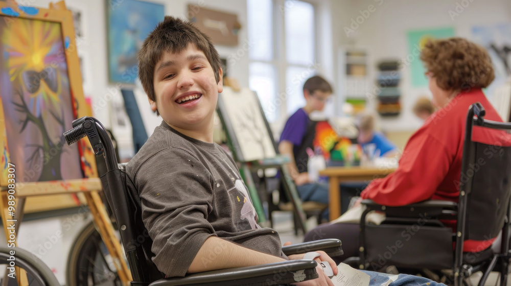 joyful boy in wheelchair smiles brightly in art classroom filled with colorful paintings and engaged students. His happiness radiates in this creative environment joyful boy in wheelchair smiles brightly in art classroom filled with colorful paintings and engaged students. His happiness radiates in this creative environment