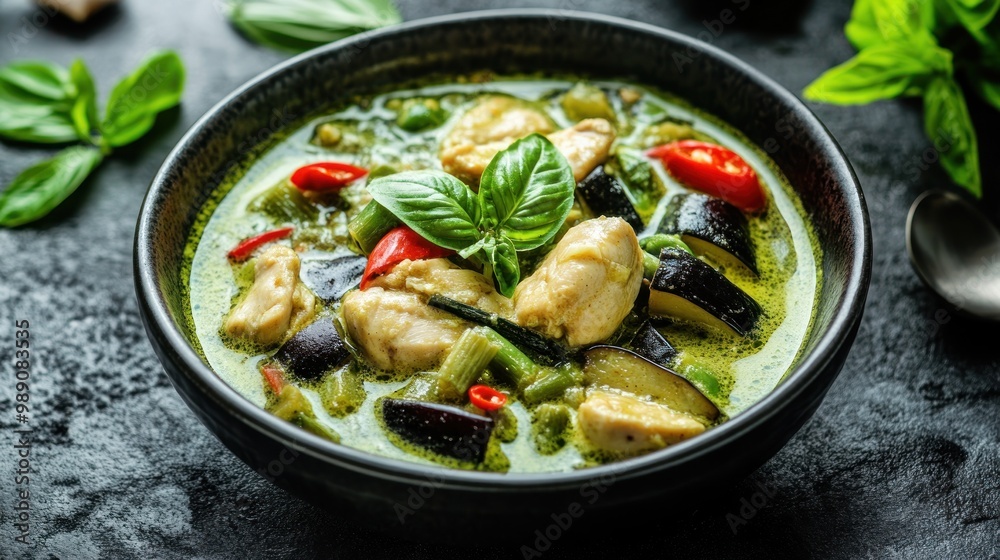 A vibrant bowl of green curry with chicken, eggplant, and fresh basil, showcasing Thai cuisine.