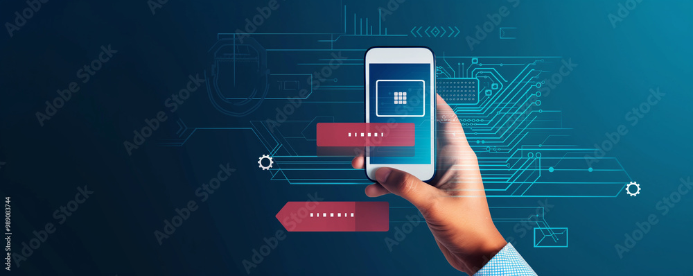Hand Holding Smartphone with Digital Interface on Blue Background Hand Holding Smartphone with Digital Interface on Blue Background