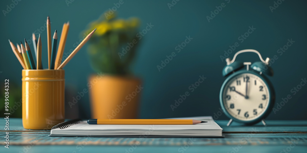 Time to Study Alarm Clock, Notebook, and Pencils on a Desk Time to Study Alarm Clock, Notebook, and Pencils on a Desk