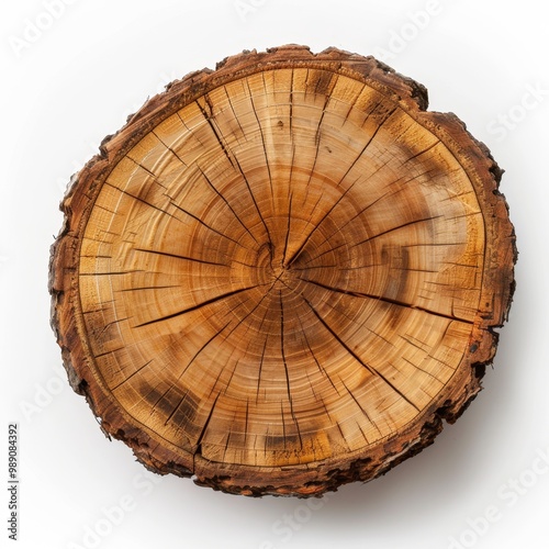 A close-up of a piece of old wood with visible growth rings and a hollow center, isolated on white background