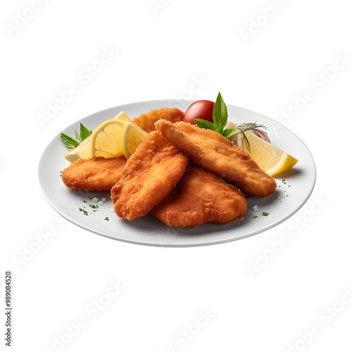 Schnitzel is served on a plate with a beautiful top view photo