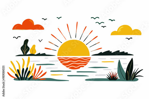 Serene Sunset Over Tranquil Lake with Flora and Fauna