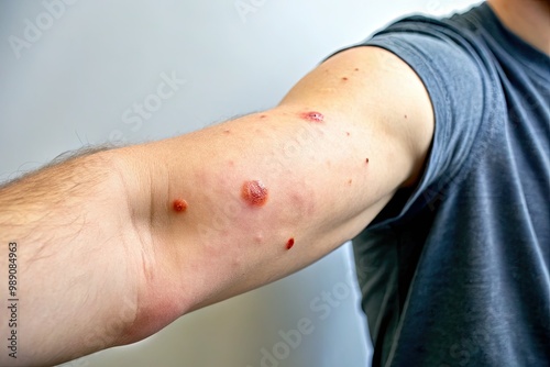 A close-up shot of a healthy arm showing a small raised bump with clear boundaries, indicating a positive reaction to the tuberculosis skin test. photo