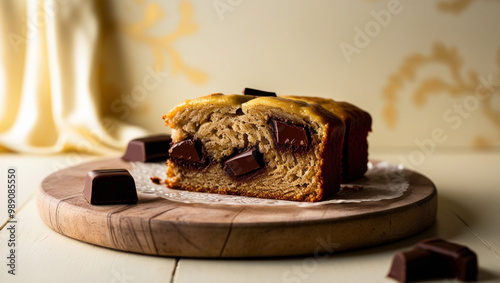 A warmly lit, mouthwatering slice of bananabread with rich, velvety chocolate chunks,generative ai photo