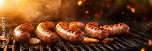 Grilled sausages bbq sizzling smoky charred juicy fresh butcher gourmet rustic comfort food outdoor summer backyard feast roasted premium catering market