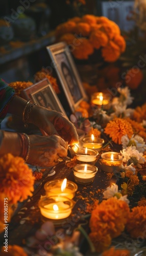 Day of the Dead Altar with Marigolds and Candlelight - Perfect for Commemorations and Print Designs photo