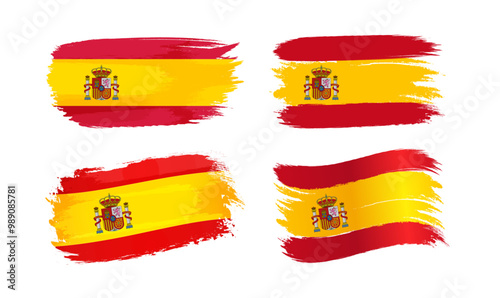 Set of creative Spanish flags. Handdrawn style. Abstract brushing shapes with flag of Spain background and isolated clipping mask. 3D waving and flat collection. Tourism emblem. Holiday concept.