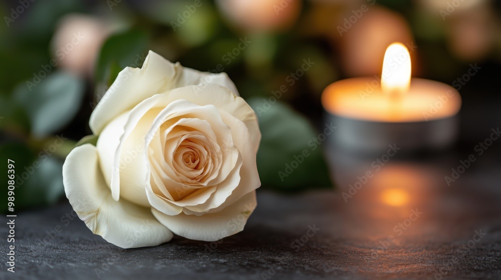 Elegante weiße Rosen und Kerzenlicht für eine ruhige Atmosphäre – perfekt für Druck- oder Kartendesign Elegante weiße Rosen und Kerzenlicht für eine ruhige Atmosphäre – perfekt für Druck- oder Kartendesign