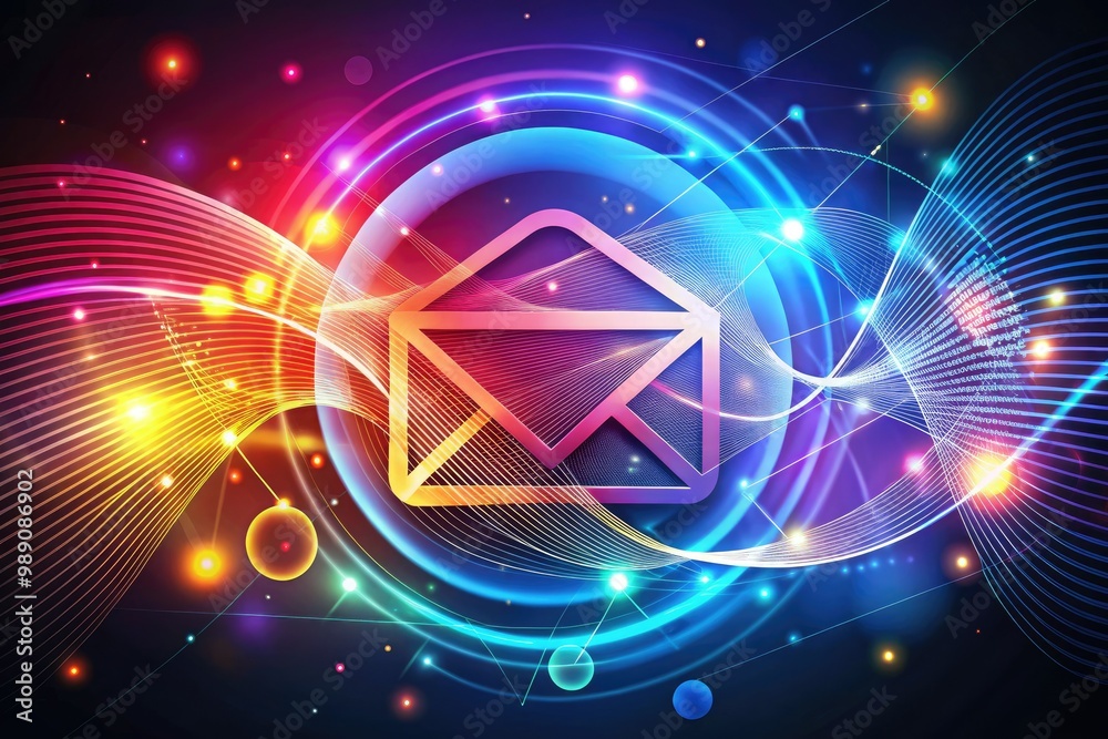 Fototapeta premium A colorful illustration of a stylized envelope with a prominent @ symbol, surrounded by swirling lines and geometric shapes, symbolizing digital communication and online messaging.