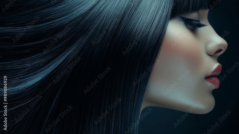 Elegant Woman with Sleek Straight Hair Against Dark Background Elegant Woman with Sleek Straight Hair Against Dark Background