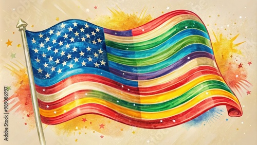 A colorful illustration of a waving flag with vibrant stripes and stars, rendered in bold brushstrokes and textured lines on a cream-colored background. photo