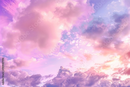 Pastel pink and purple clouds in the sky at sunset. Close-up photography for design and print. Dreamy and serene sky concept.