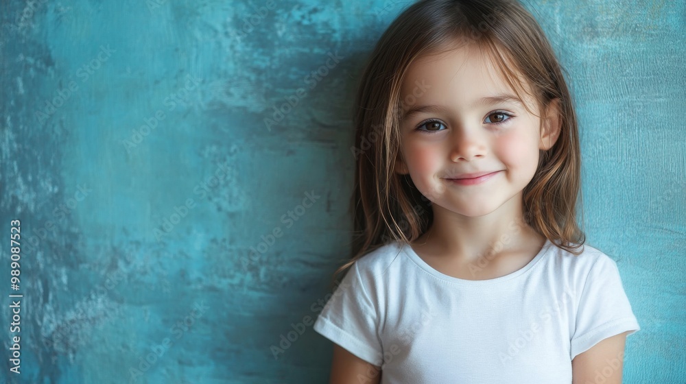 Joyful Child with a Shy Smile on a Blue Background Joyful Child with a Shy Smile on a Blue Background