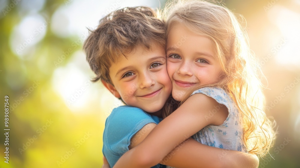 Two Siblings Embracing in a Sunny Outdoor Setting Two Siblings Embracing in a Sunny Outdoor Setting