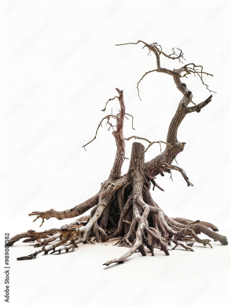 A weathered tree snag and roots with a rough texture and visible growth rings, isolated on white background A weathered tree snag and roots with a rough texture and visible growth rings, isolated on white background