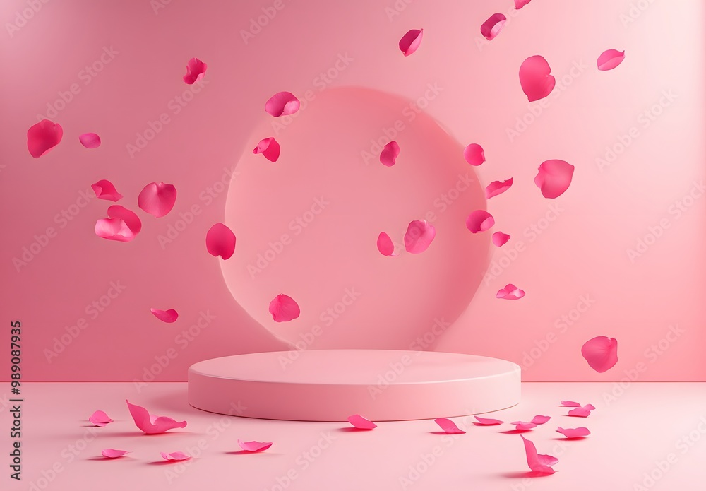 Fototapeta premium Pink Podium with Falling Rose Petals for Product Presentation