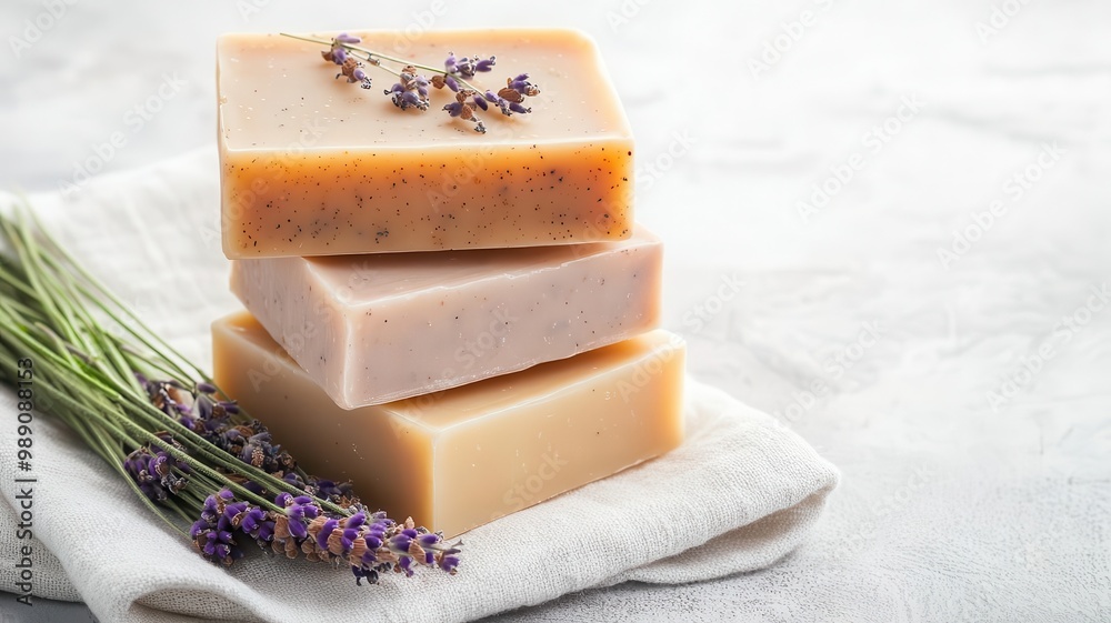 Natural handmade soap bars stacked on linen cloth, with dried herbs and lavender, handmade soap, natural ingredients Natural handmade soap bars stacked on linen cloth, with dried herbs and lavender, handmade soap, natural ingredients