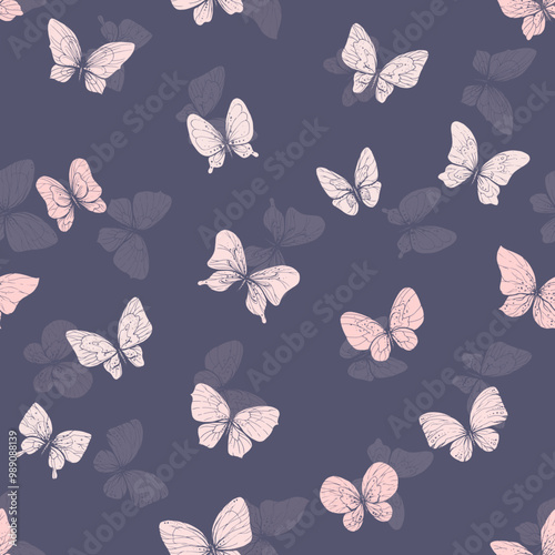Delicate pink butterflies flying with wings in the form of inversion of silhouette with patterns. Graphic line art drawn by hand. Vector seamless pattern on a lilac background.