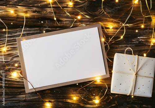 Blank White Cards with String Lights on Wooden Background