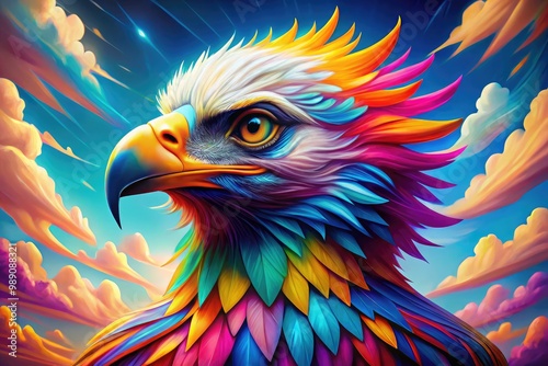 A colorful, whimsical illustration of an eagle with bold lines, bright feathers, and a cheerful expression, set against a bright blue sky with fluffy white clouds.