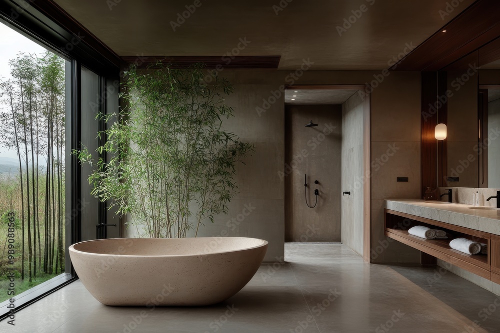 Fototapeta premium A modern, sleek bathroom featuring a freestanding bathtub beside a large window with natural light, next to a lush bamboo plant, and a spacious, minimalist design.