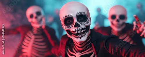 Young adults in skeleton face paint and costumes, dancing in a fogfilled room with neon lights, skeleton costumes, Halloween dance party photo