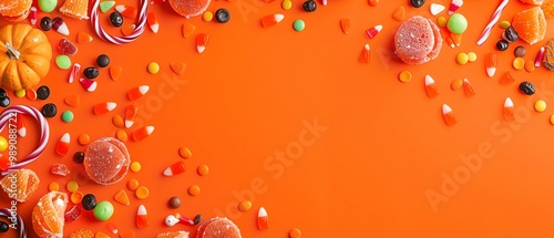 Halloween frame of candy and decorations on an orange background Halloween candy frame, orange background, spooky decor photo