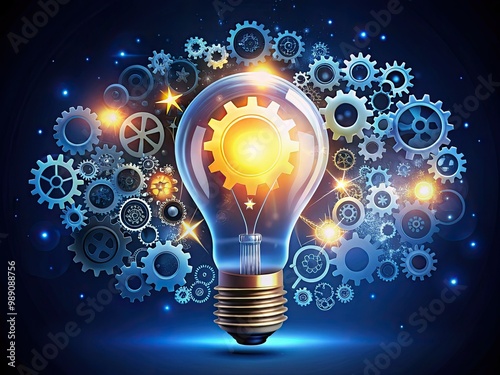 A creative concept illustration of a lightbulb surrounded by thought bubbles, gears, and stars, symbolizing innovation, imagination, and idea generation.