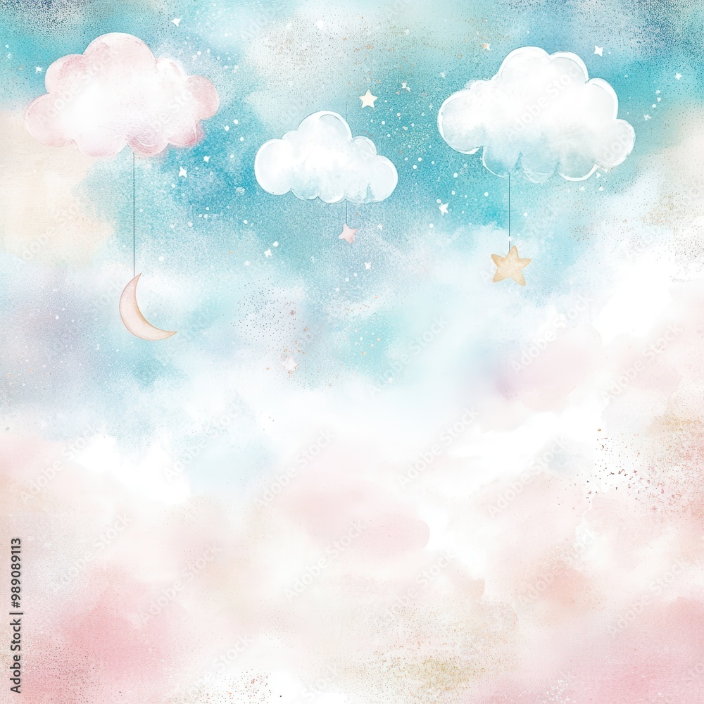 A dreamy pastel background with clouds, stars, and a moon, perfect for children's art, cards, or dreamy themes. A dreamy pastel background with clouds, stars, and a moon, perfect for children's art, cards, or dreamy themes.
