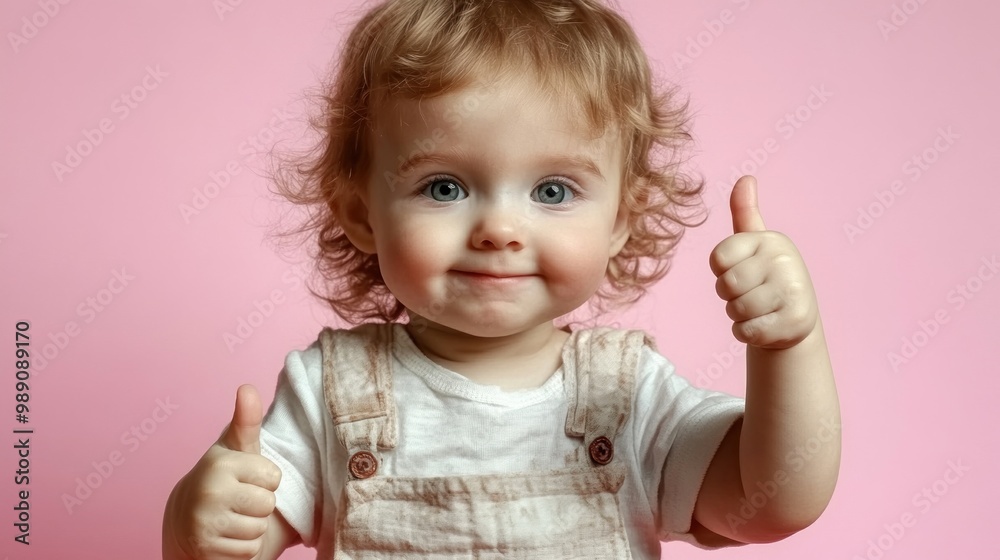 A cheerful child with curly hair smiles widely while showing thumbs-up signs A cheerful child with curly hair smiles widely while showing thumbs-up signs