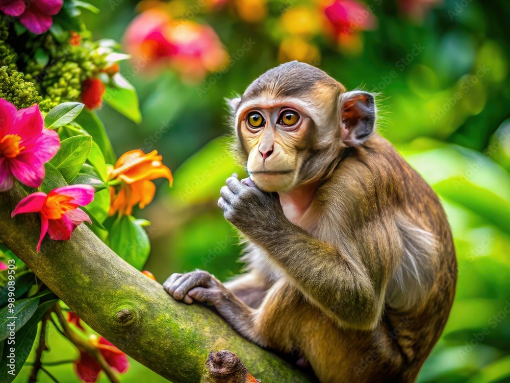 A curious monkey sitting on a tree branch, chin resting on hands, lost in thought, surrounded by lush green foliage and vibrant tropical flowers.