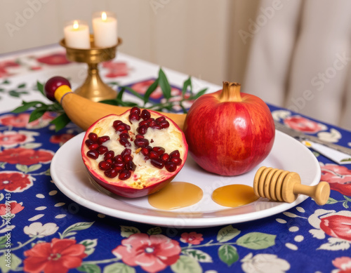 Jewish New Year, Rosh Hashanah dinner table with fruits, shofar, pomegranate and honey photo