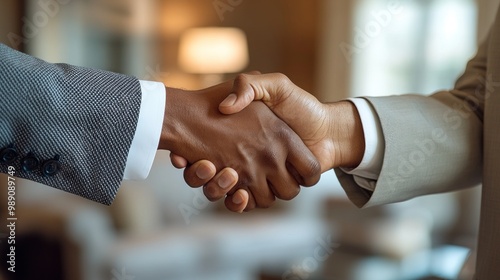 A confident handshake symbolizes mutual agreement and collaboration in a bright office