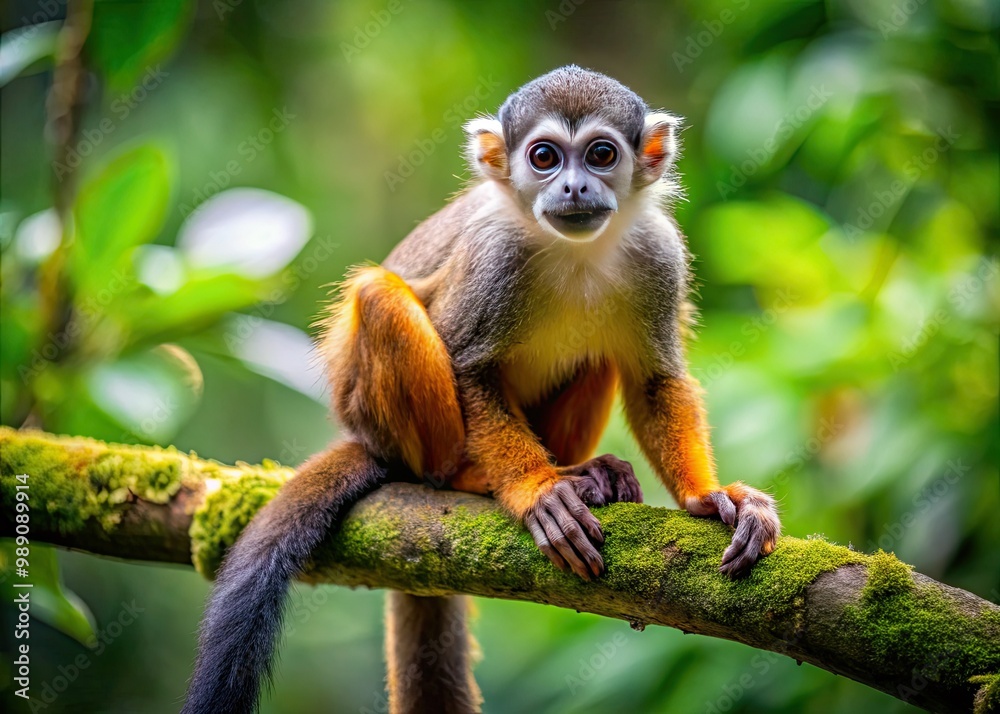 Obraz premium A cute, furry primate with a long tail and agile hands, sitting on a tree branch, looking curious and playful in a lush jungle environment.