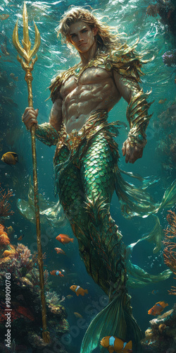 Merman Prince in a Bright Sunlit Ocean, Wearing Armor and Holding a Trident
 photo