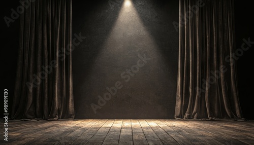 Vintage Theater Stage, A vintage theater stage with soft velvet curtains drawn back, revealing wooden floorboards and a glowing spotlight at center stage.