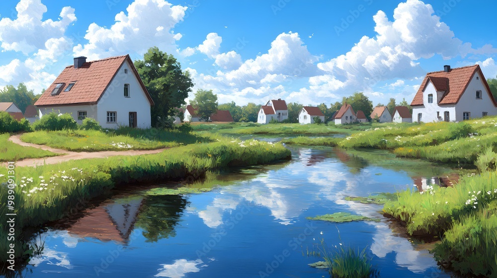 Obraz premium Morning Serenity, a modern watercolor scene capturing the tranquility of dawn with soft hues blending into a peaceful landscape.