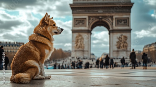 Fototapeta Naklejka Na Ścianę i Meble -  Dog at Historic Landmark with Scenic Background