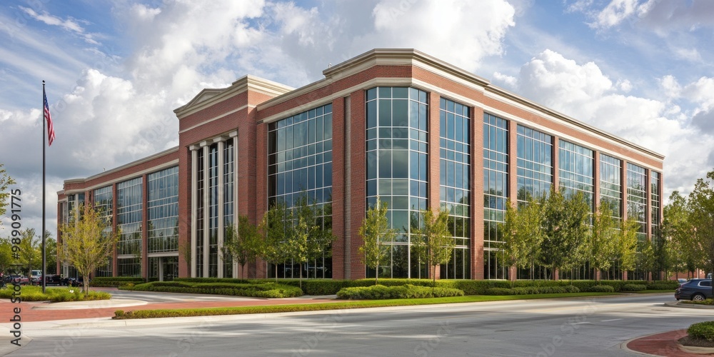 Brick and Glass Office Building with American Flag Brick and Glass Office Building with American Flag